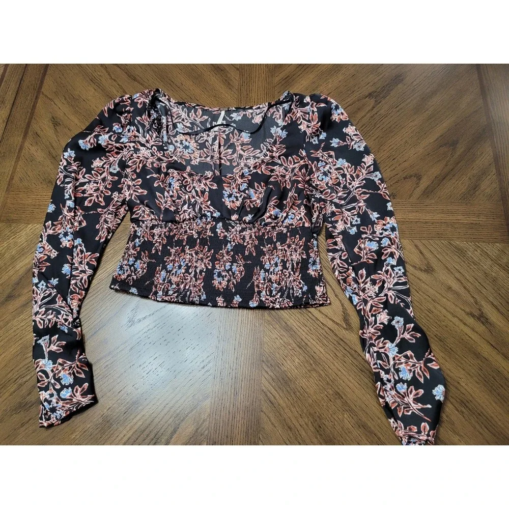 Free People Santiago Black Floral Cropped Blouse Womens S